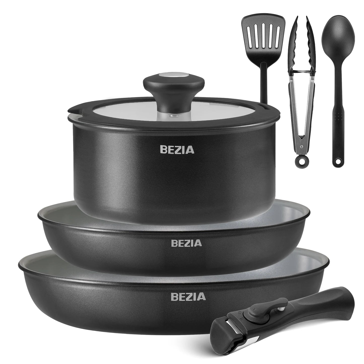 Batterie de cuisine premium à induction avec poignées amovibles et revêtement céramique sain
