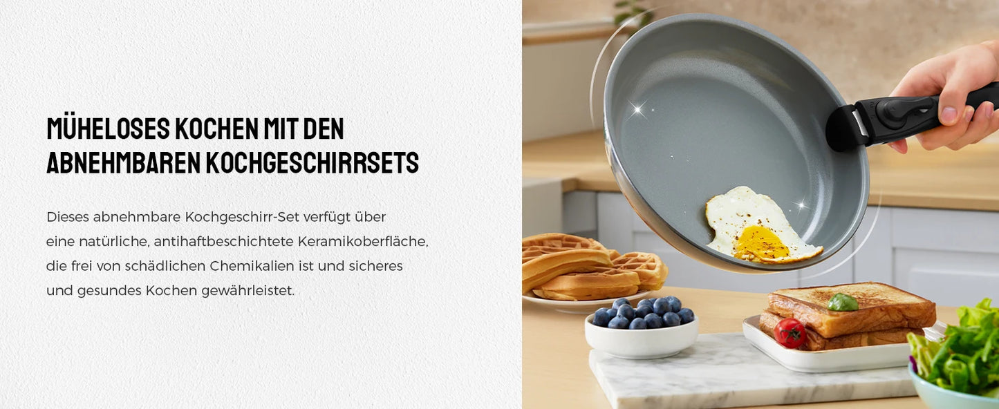 Batterie de cuisine premium à induction avec poignées amovibles et revêtement céramique sain