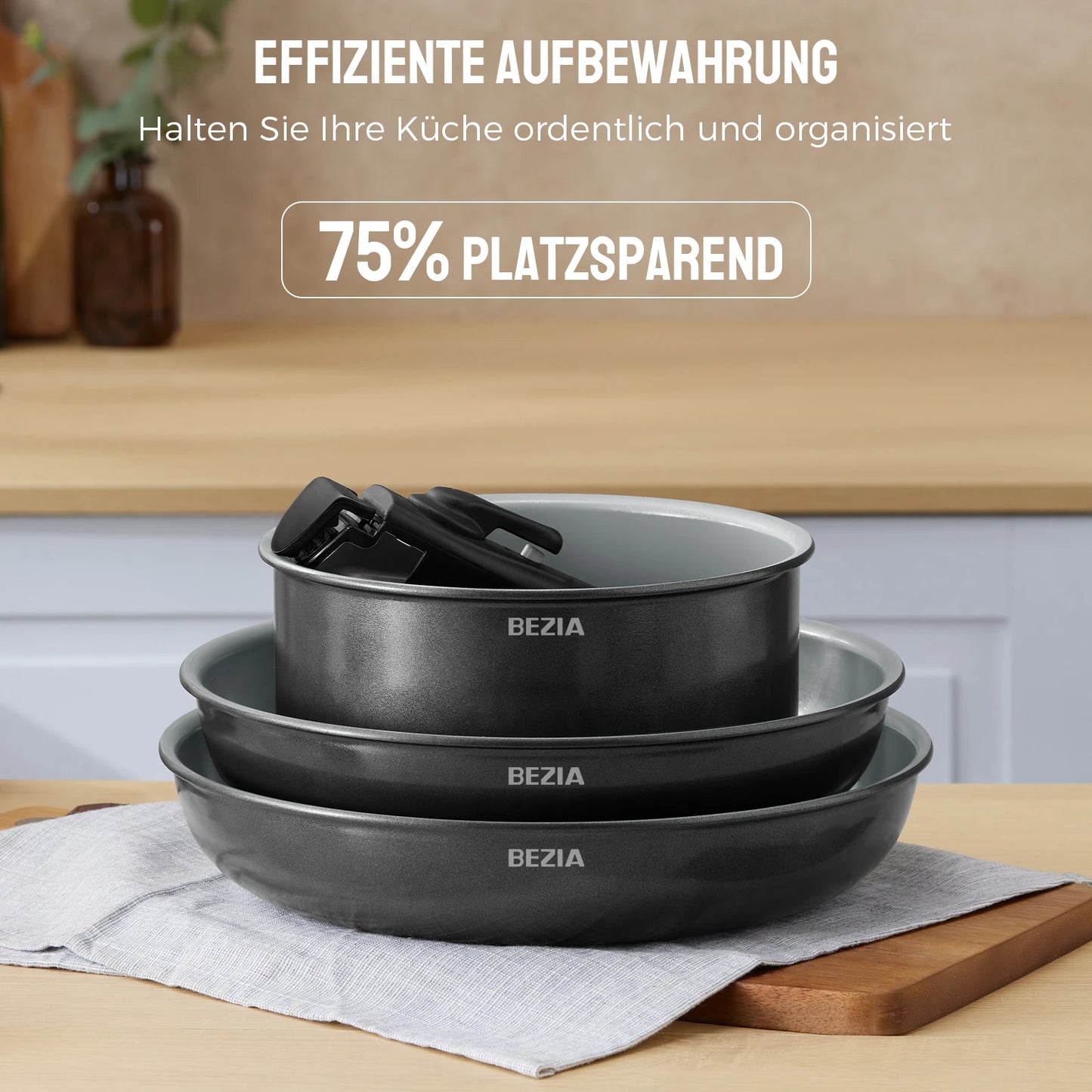Batterie de cuisine premium à induction avec poignées amovibles et revêtement céramique sain