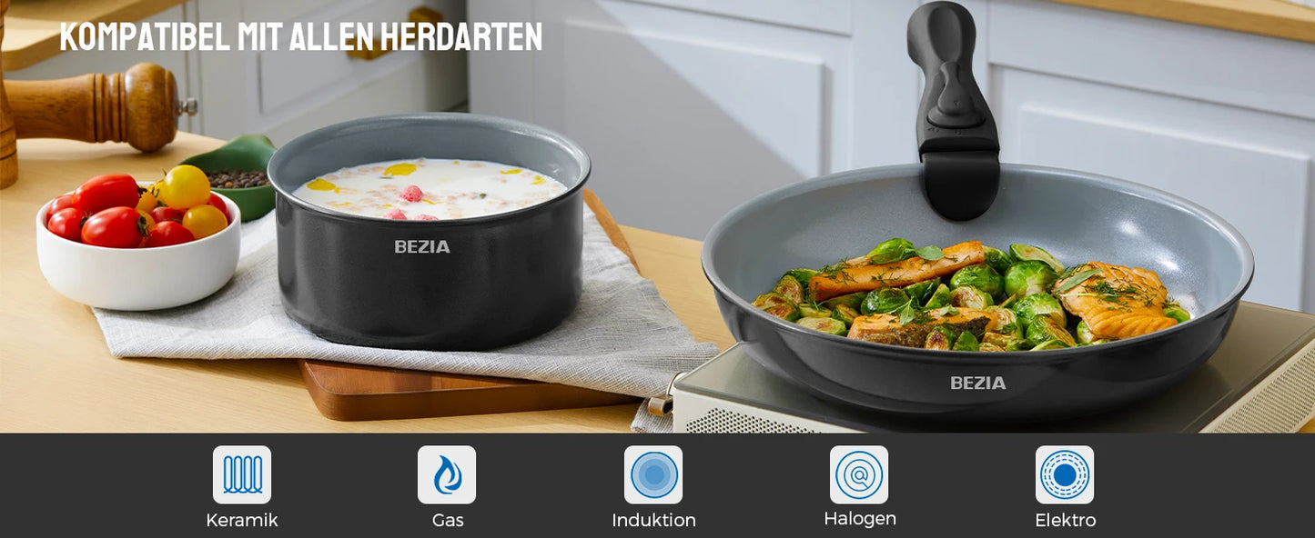 Batterie de cuisine premium à induction avec poignées amovibles et revêtement céramique sain