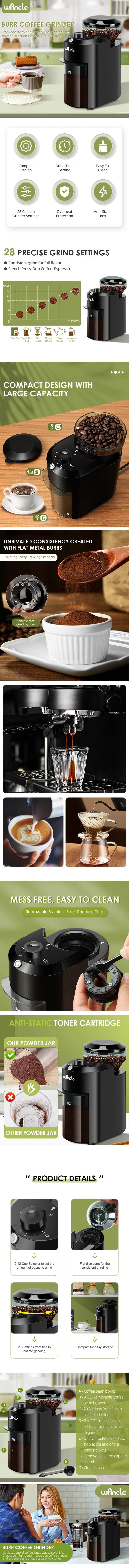 Moulin à Café Électrique Wancle – 28 Réglages de Mouture pour une Expérience Café Parfaite - Ma Cuisine Boutique